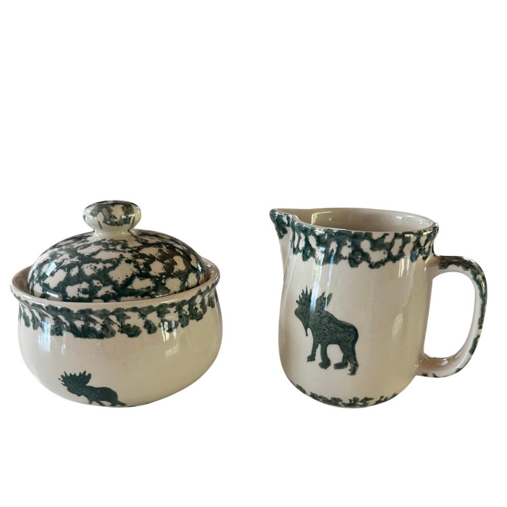 VINTAGE Tienshan Moose Country Creamer Sugar Bowl Lid Green Spongeware Set